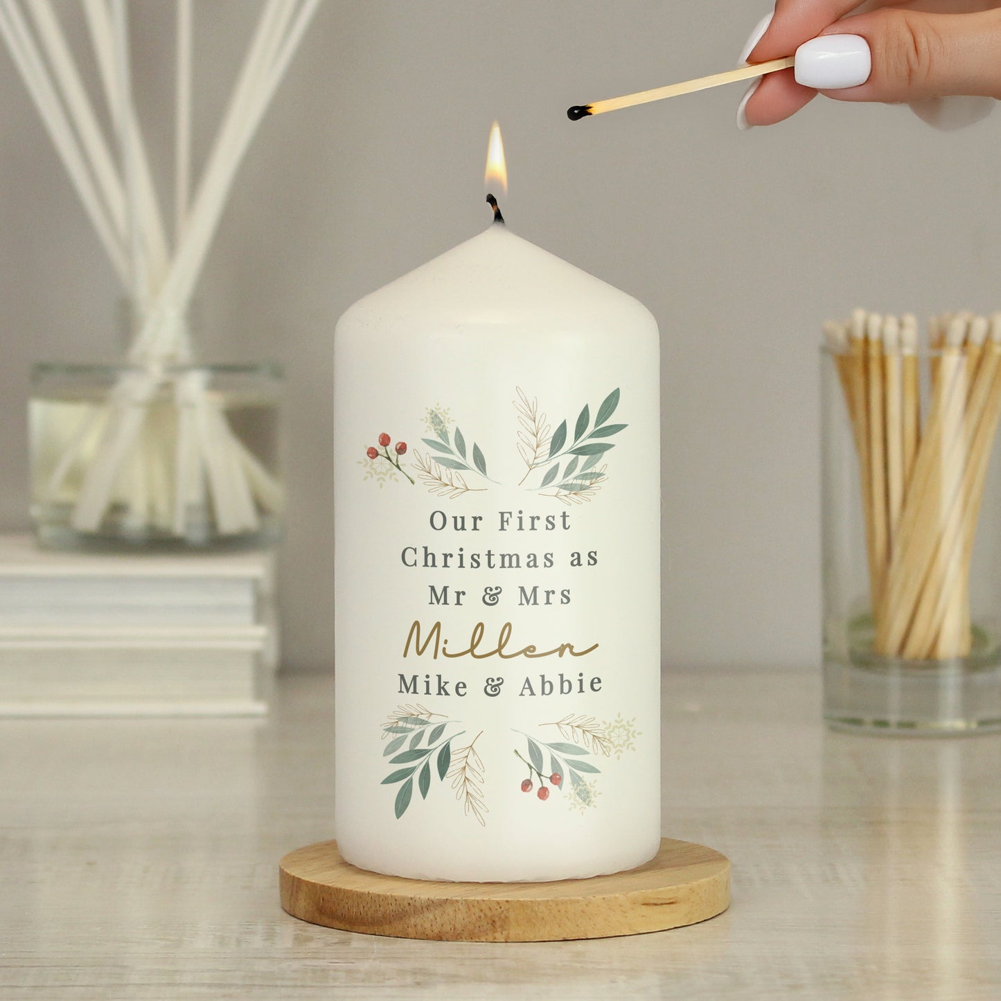 Personalised Christmas Foliage Pillar Candle