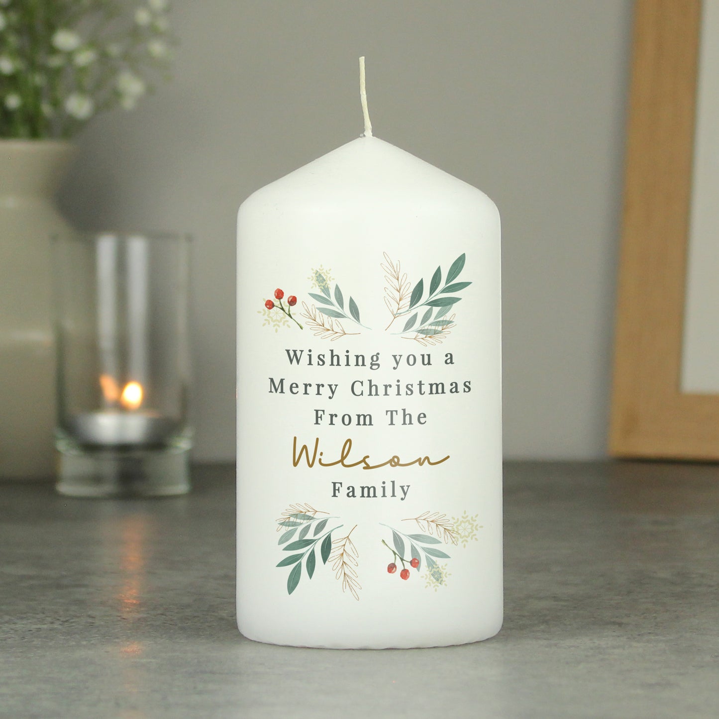 Personalised Christmas Foliage Pillar Candle