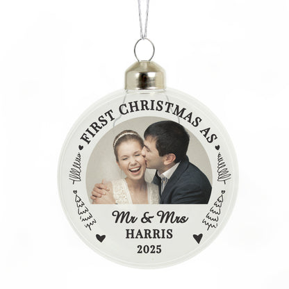 Personalised First Married Christmas Photo Upload Glass Bauble