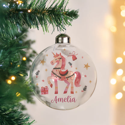 Personalised Unicorn Christmas Glass Bauble