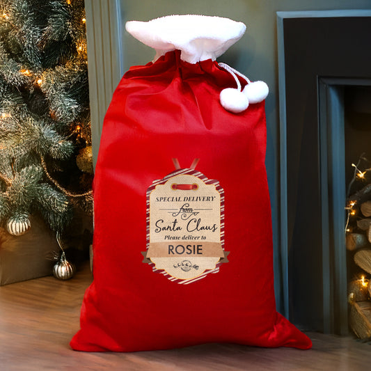 Personalised Special Delivery Luxury Pom Pom Red Sack