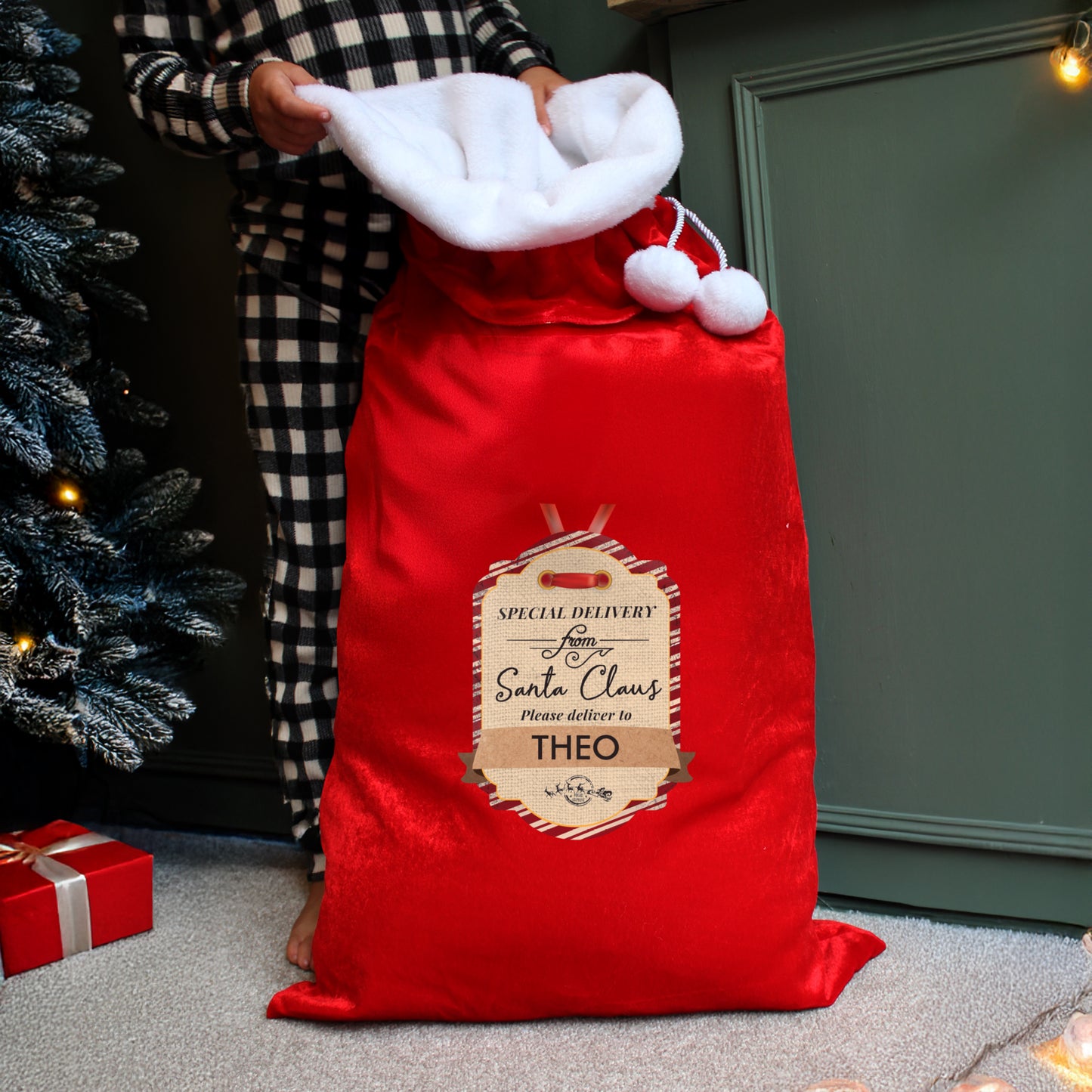 Personalised Special Delivery Luxury Pom Pom Red Sack