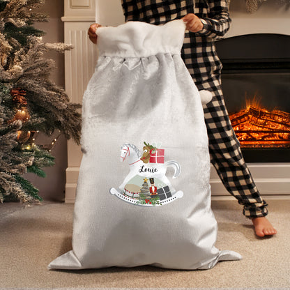 Personalised Rocking Horse Luxury Silver Grey Pom Pom Sack