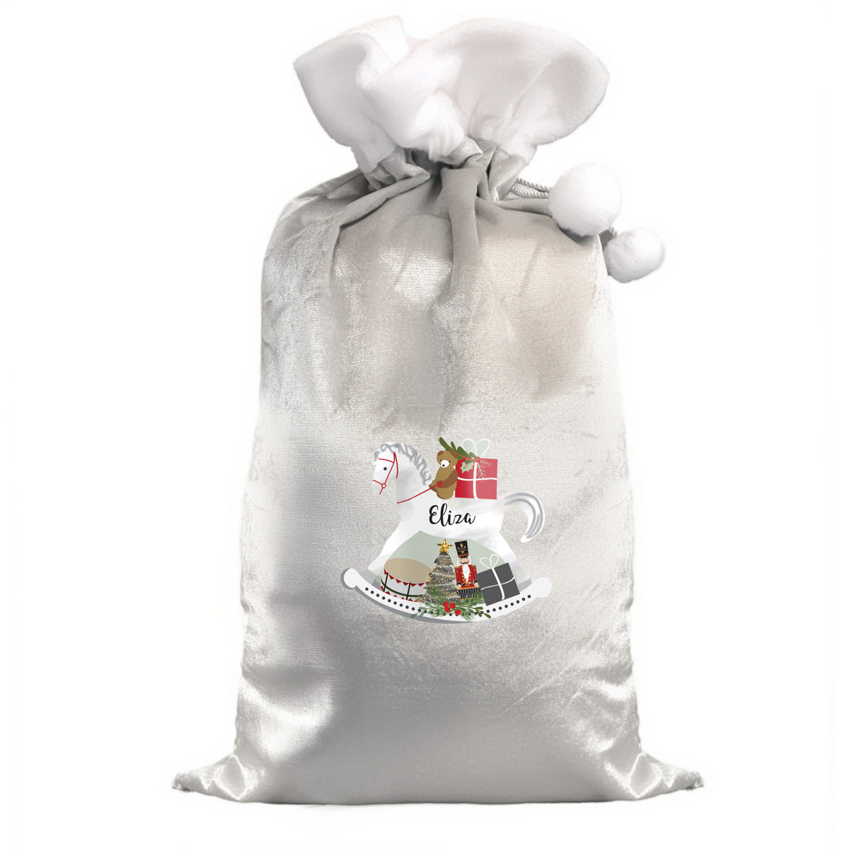 Personalised Rocking Horse Luxury Silver Grey Pom Pom Sack
