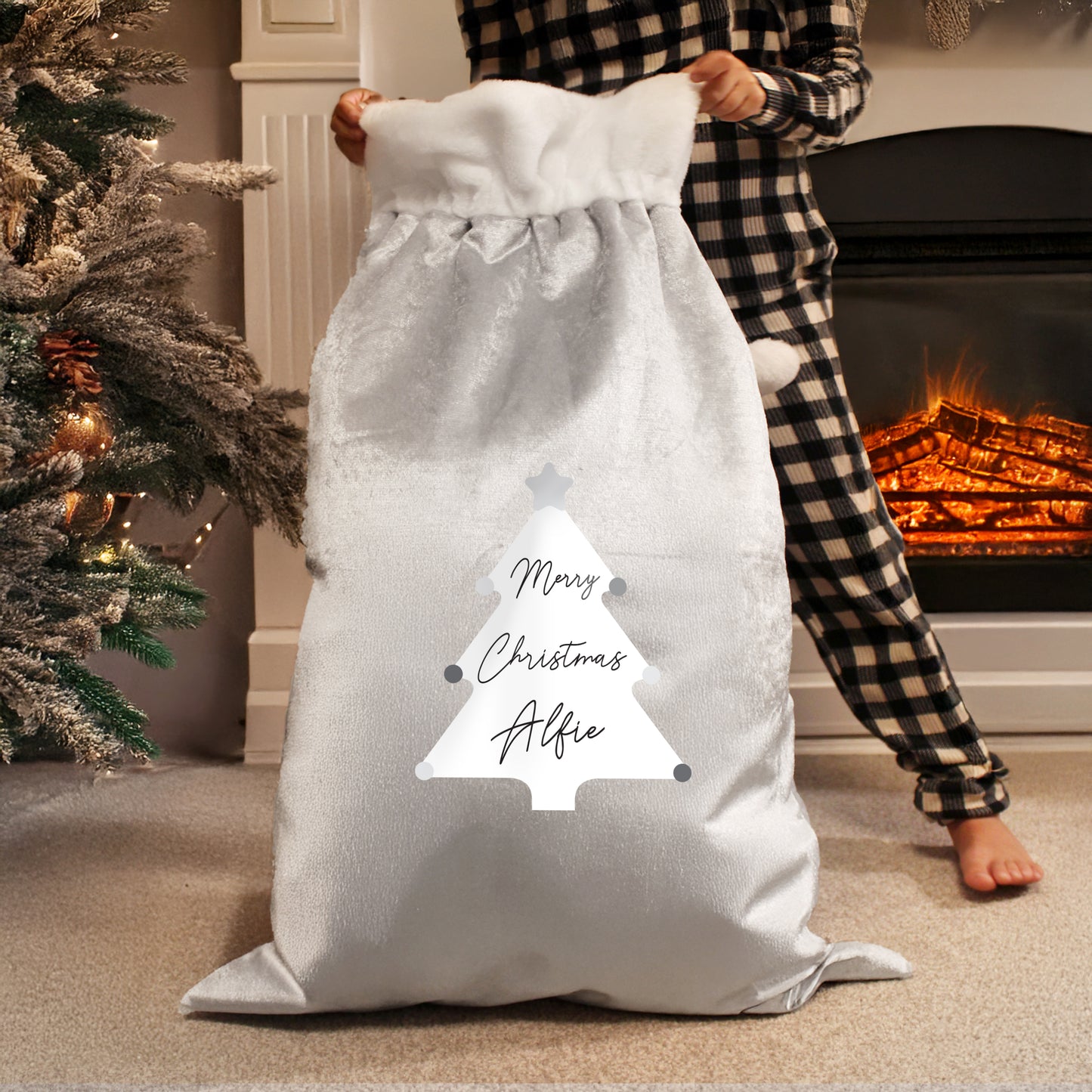 Personalised Christmas Tree Luxury Silver Grey Pom Pom Sack