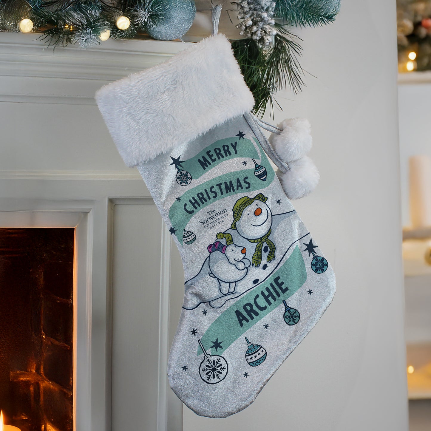 Personalised The Snowman and the Snowdog Luxury Silver Grey Stocking