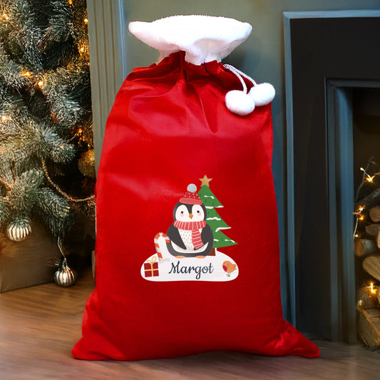 Personalised Christmas Penguin Luxury Pom Pom Red Sack
