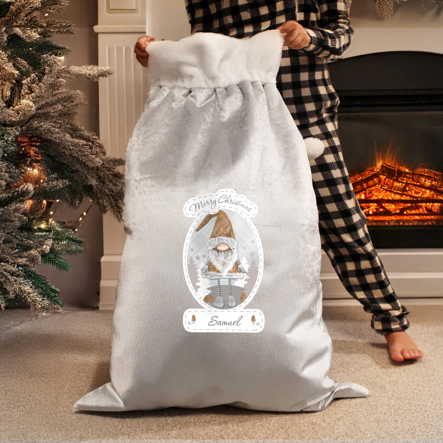 Personalised Christmas Gonk Luxury Silver Grey Pom Pom Sack