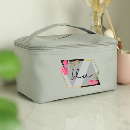 Personalised Geometric Floral Grey Toiletry Bag