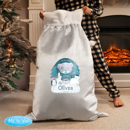 Personalised Winter Explorer Tiny Tatty Teddy Luxury Silver Grey Pom Pom Sack