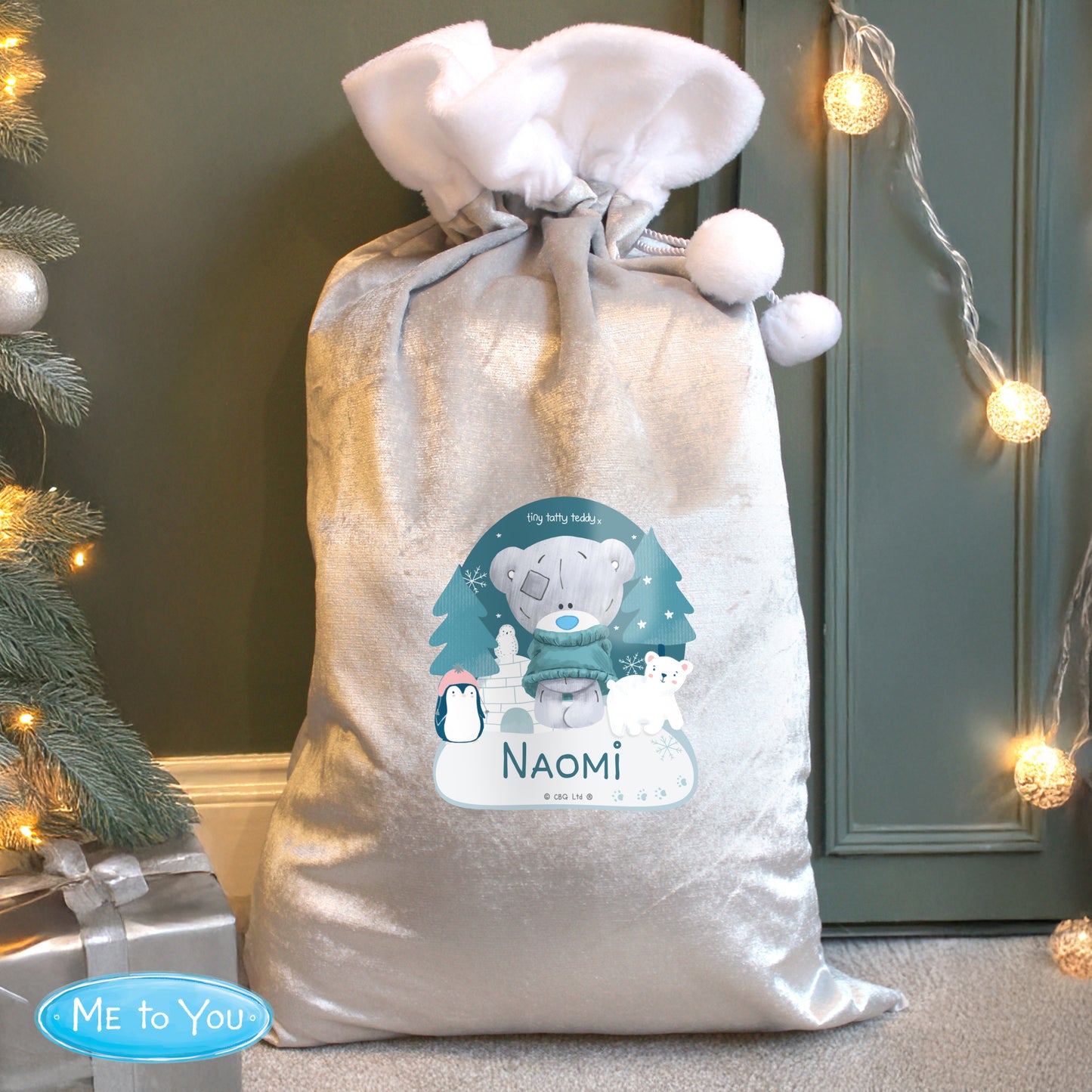 Personalised Winter Explorer Tiny Tatty Teddy Luxury Silver Grey Pom Pom Sack