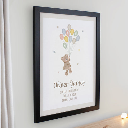 Personalised Teddy Balloon Black Poster Frame