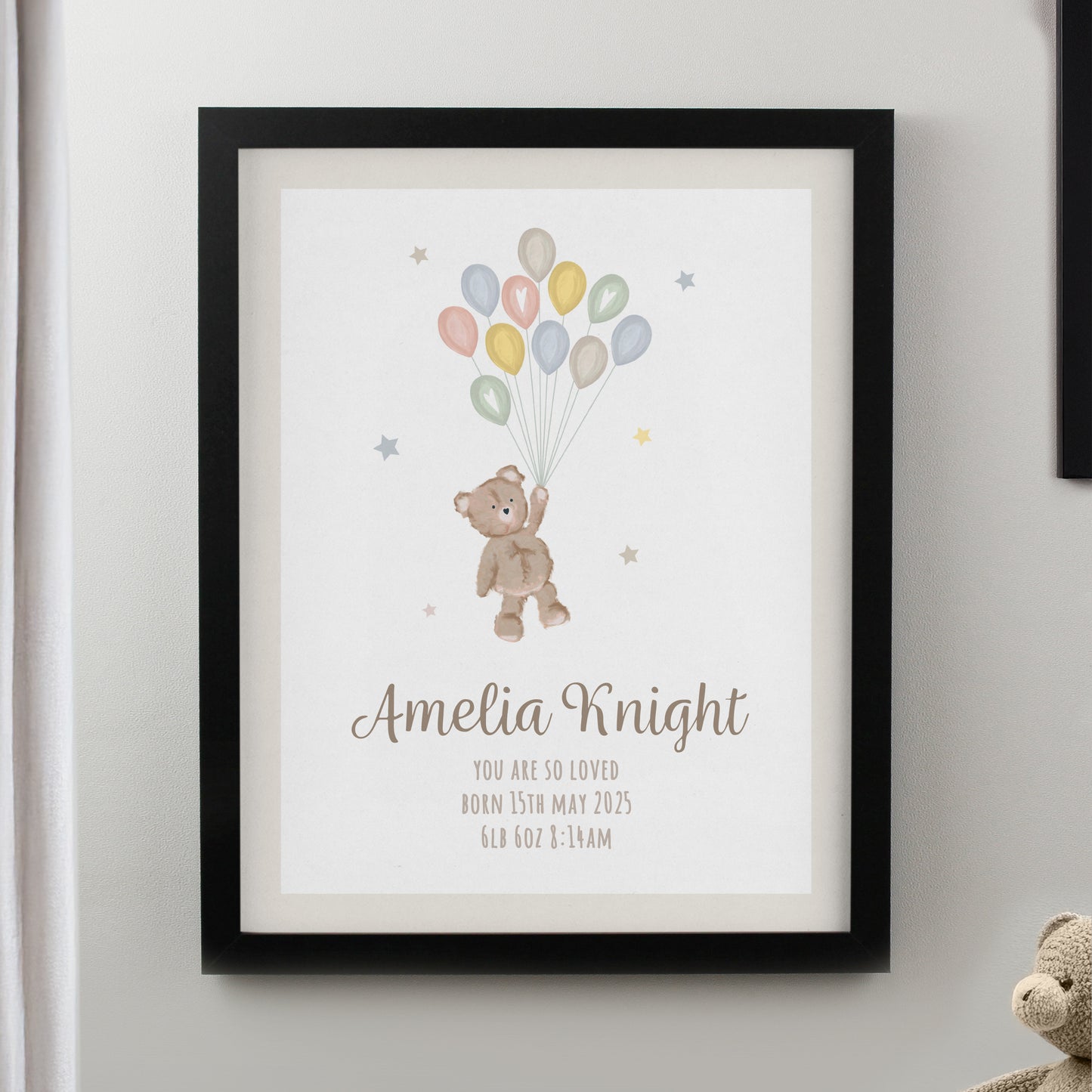 Personalised Teddy Balloon Black Poster Frame