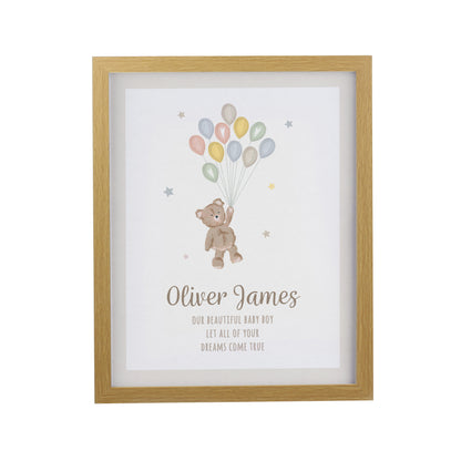 Personalised Teddy Balloon Oak Poster Frame