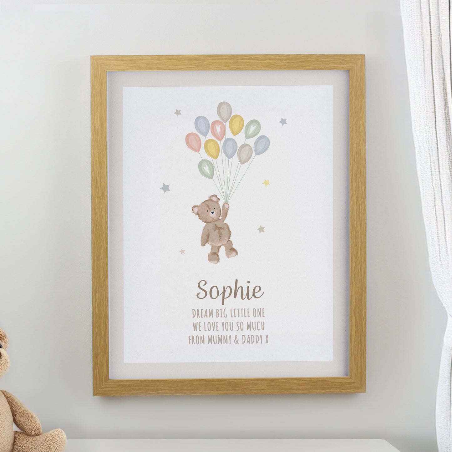 Personalised Teddy Balloon Oak Poster Frame