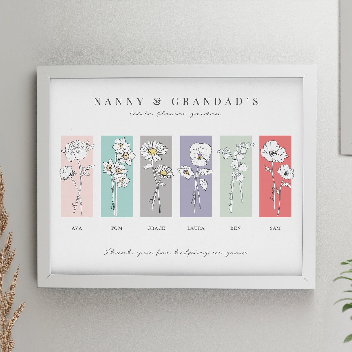 Personalised Birth Flower Family of 6 White Framed Print