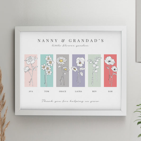 Personalised Birth Flower Family of 6 White Framed Print