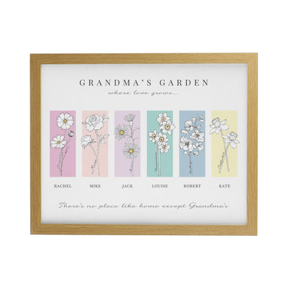 Personalised Birth Flower Family of 6 Oak Framed Print