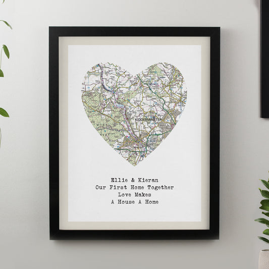Personalised Present Day Map Heart Black Poster Frame