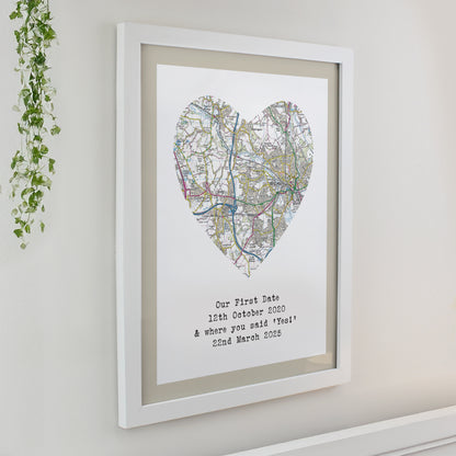Personalised Present Day Map Heart White Poster Frame