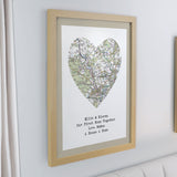 Personalised Present Day Map Heart Oak Poster Frame