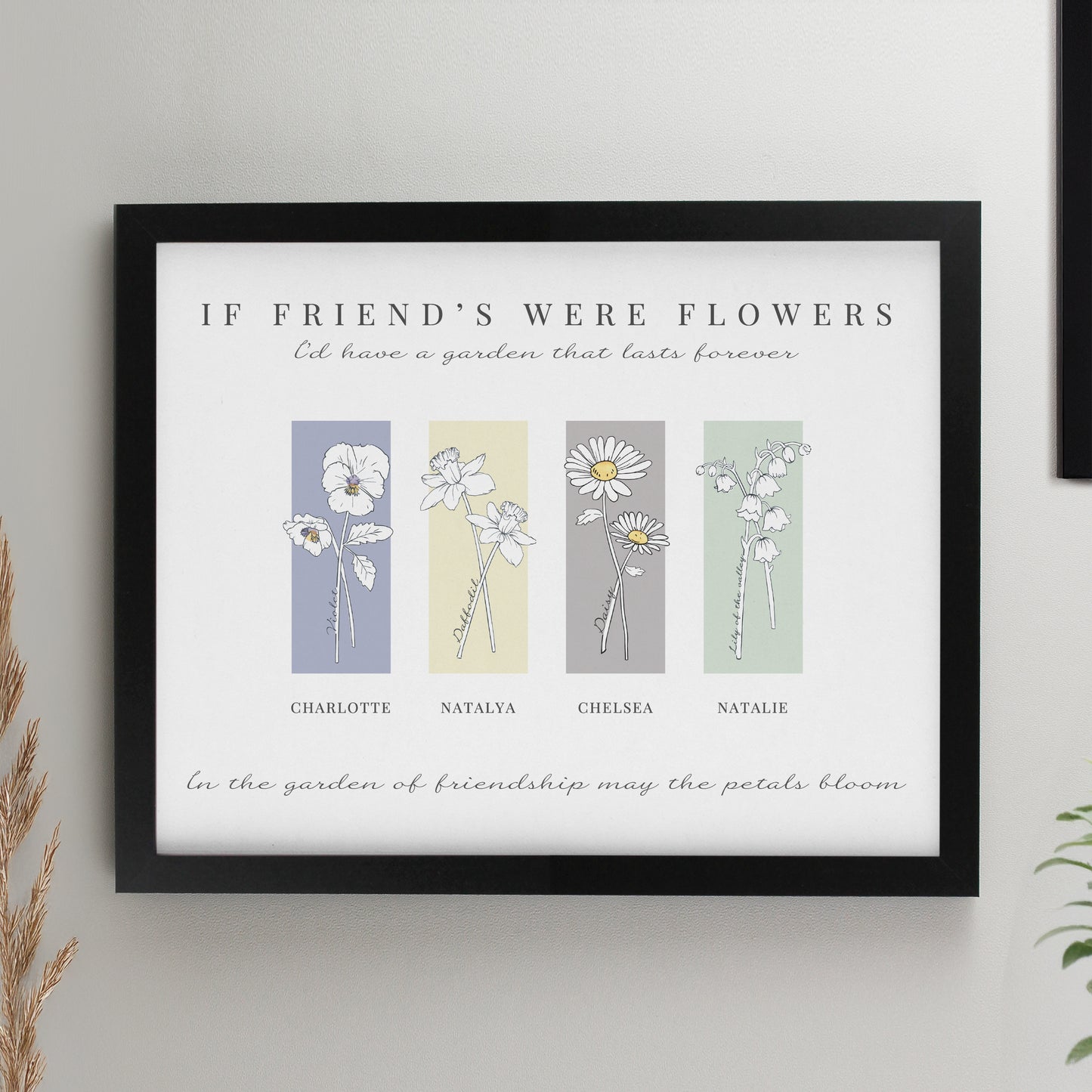 Personalised Birth Flower Family of 4 Black Framed Print