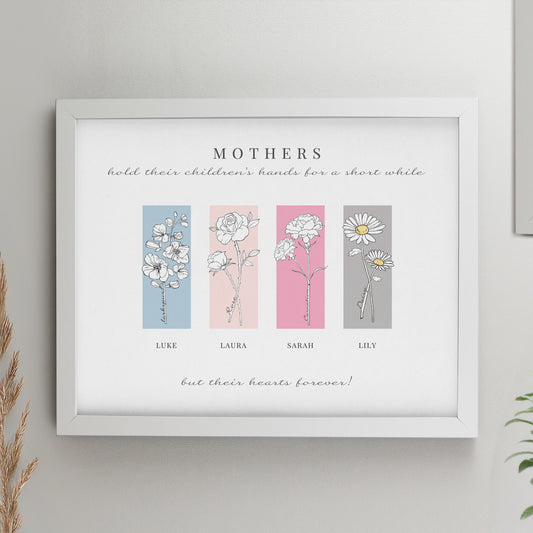 Personalised Birth Flower Family of 4 White Framed Print