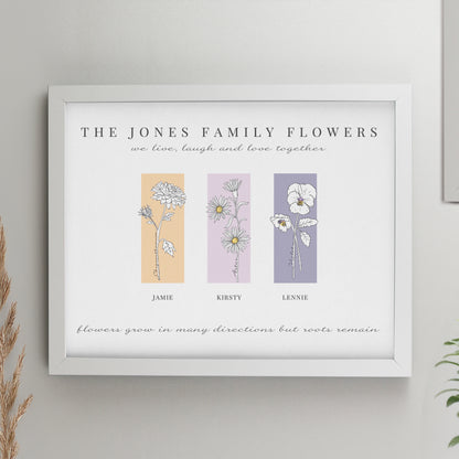 Personalised Birth Flower Family of 3 White Framed Print
