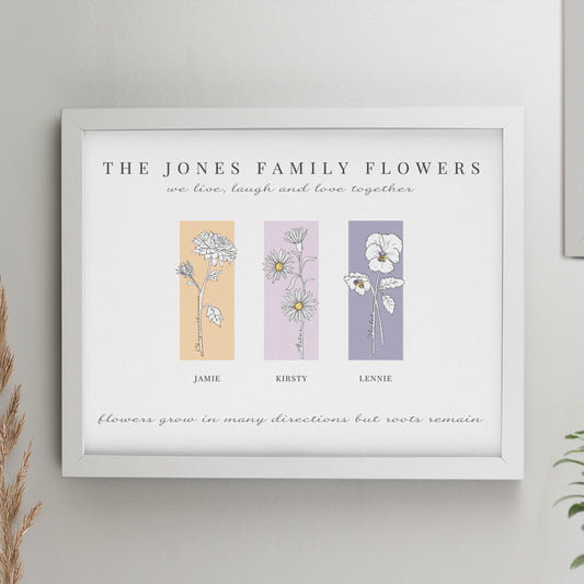 Personalised Birth Flower Family of 3 White Framed Print