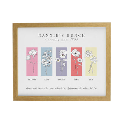 Personalised Birth Flower Family of 5 Oak Framed Print