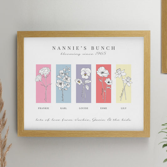 Personalised Birth Flower Family of 5 Oak Framed Print
