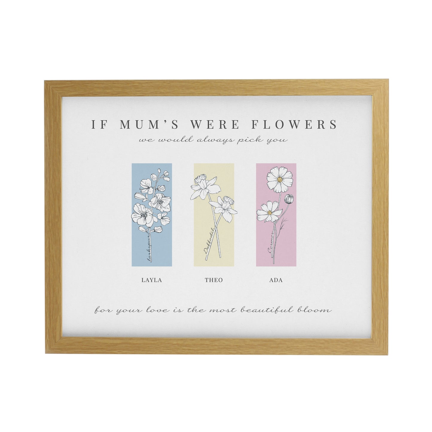 Personalised Birth Flower Family of 3 Oak Framed Print