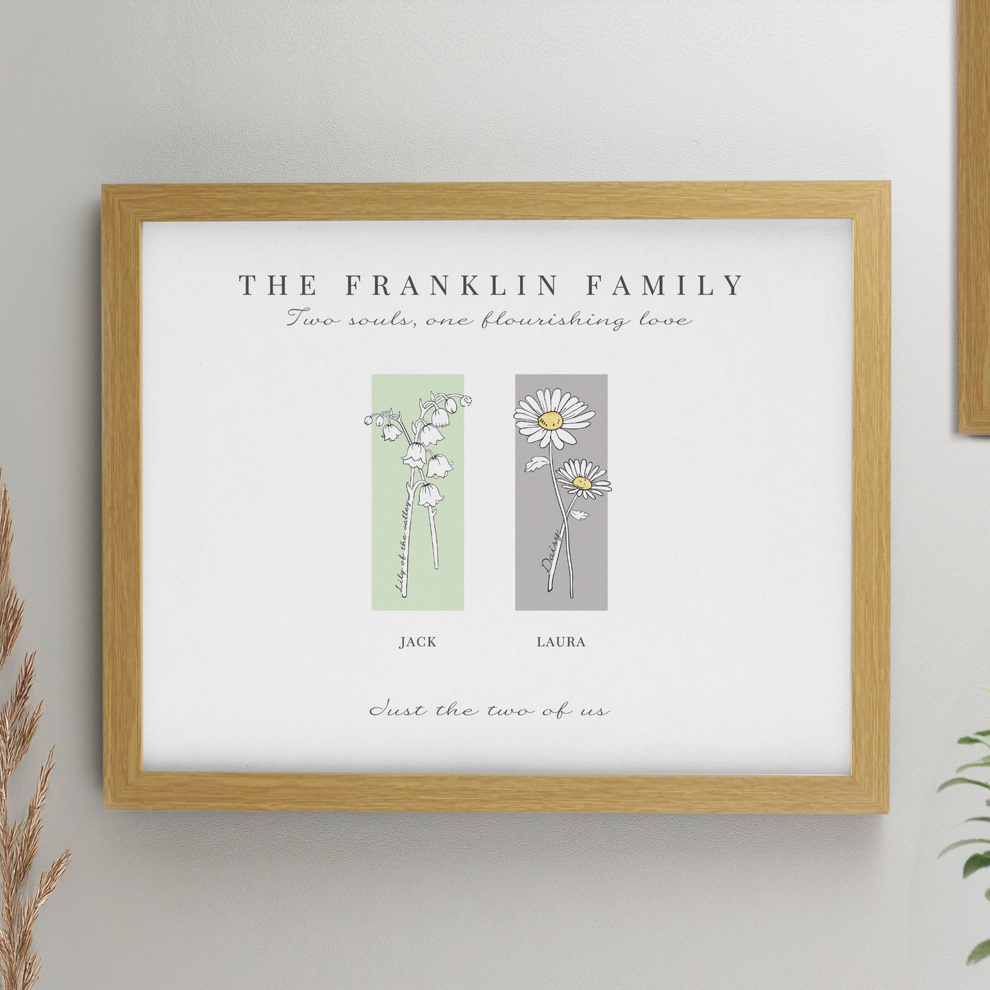 Personalised Birth Flower Family of 2 Oak Framed Print