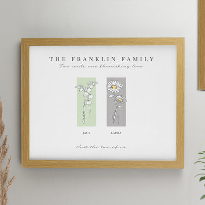 Personalised Birth Flower Family of 2 Oak Framed Print