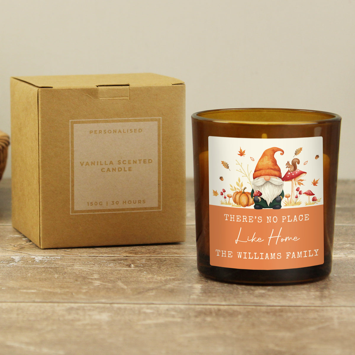 Personalised Autumn Gonk Amber Glass Candle