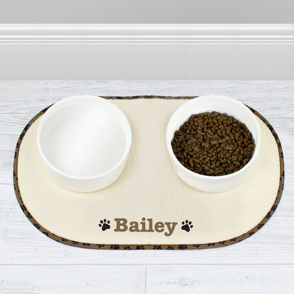 Personalised Brown Microfibre Paw Print Pet Bowl Mat