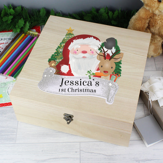 Personalised Colourful Santa Large Wooden Christmas Eve Box - 28 x 28cm