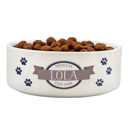Personalised Blue Paws 15cm Medium White Pet Bowl