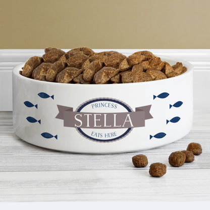 Personalised Blue Fish 15cm Medium White Pet Bowl