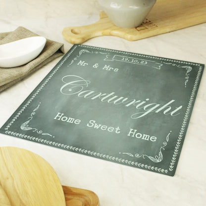 Personalised Family Chalk Glass Chopping Board/Worktop Saver