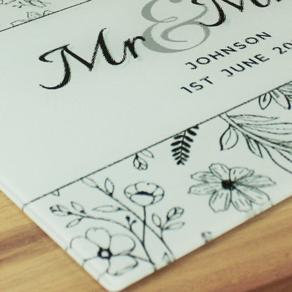 Personalised Mr & Mrs Botanical Glass Chopping Board/Worktop Saver