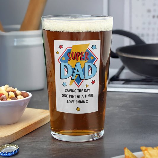 Personalised Super Dad Printed Beer Glass