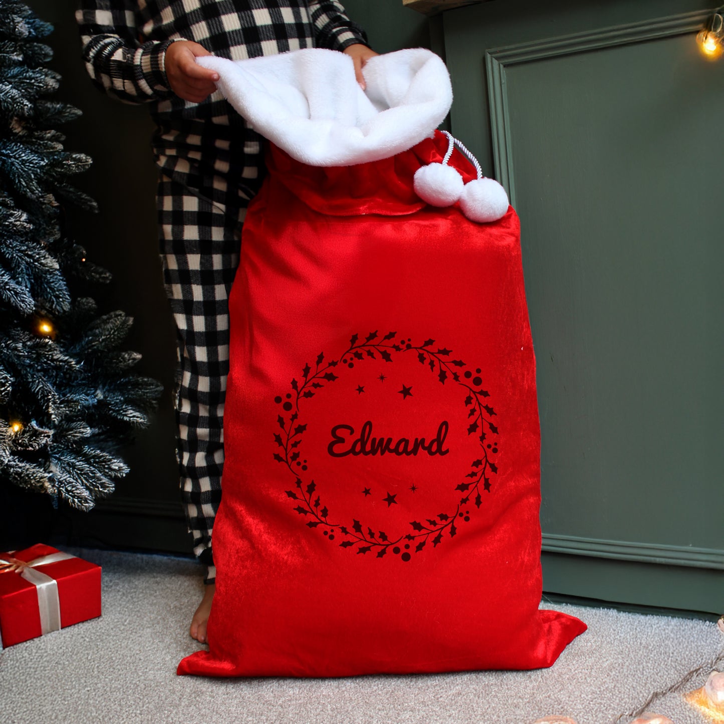 Personalised Holly Red Christmas Sack