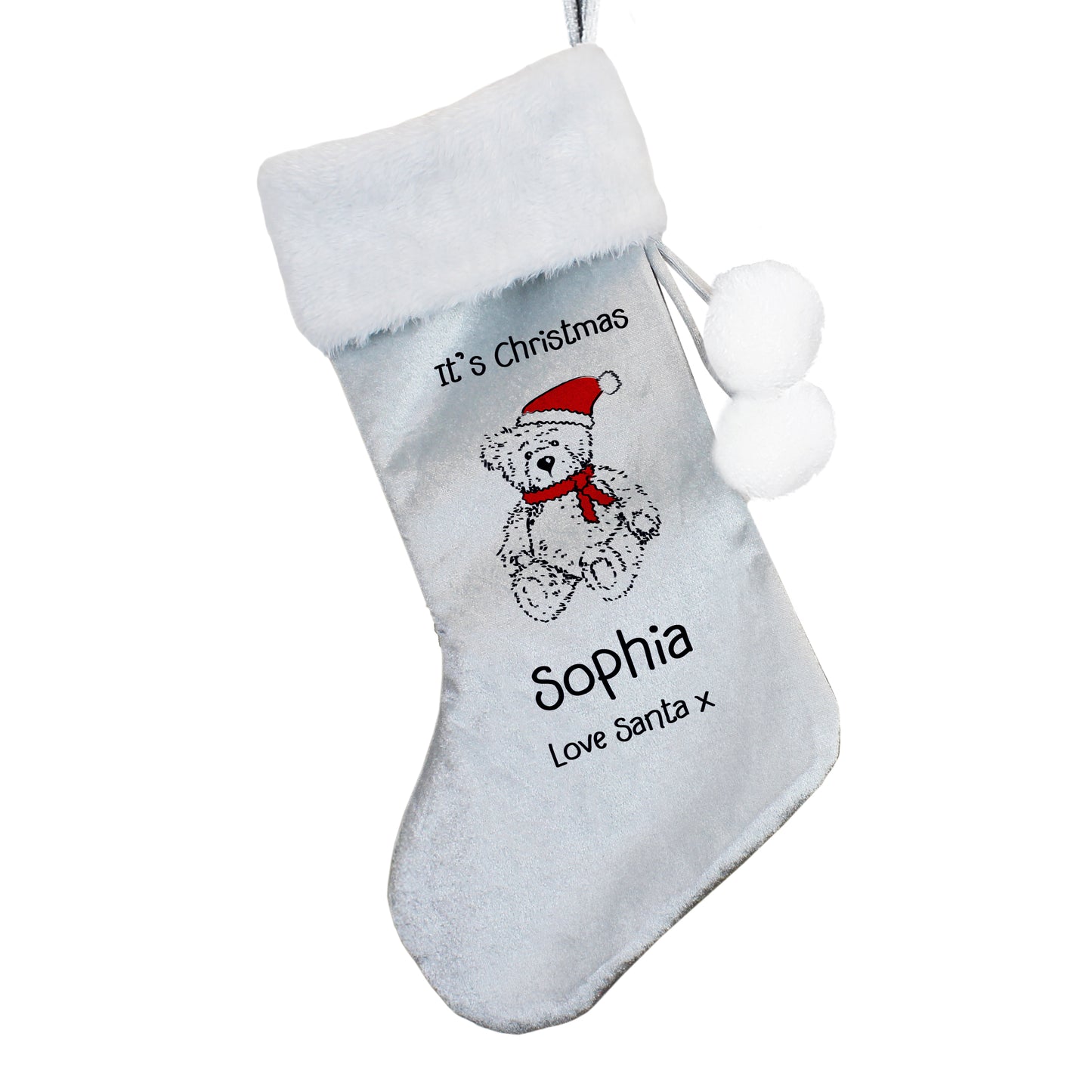 Personalised My 1st Christmas Teddy Silver Grey Stocking