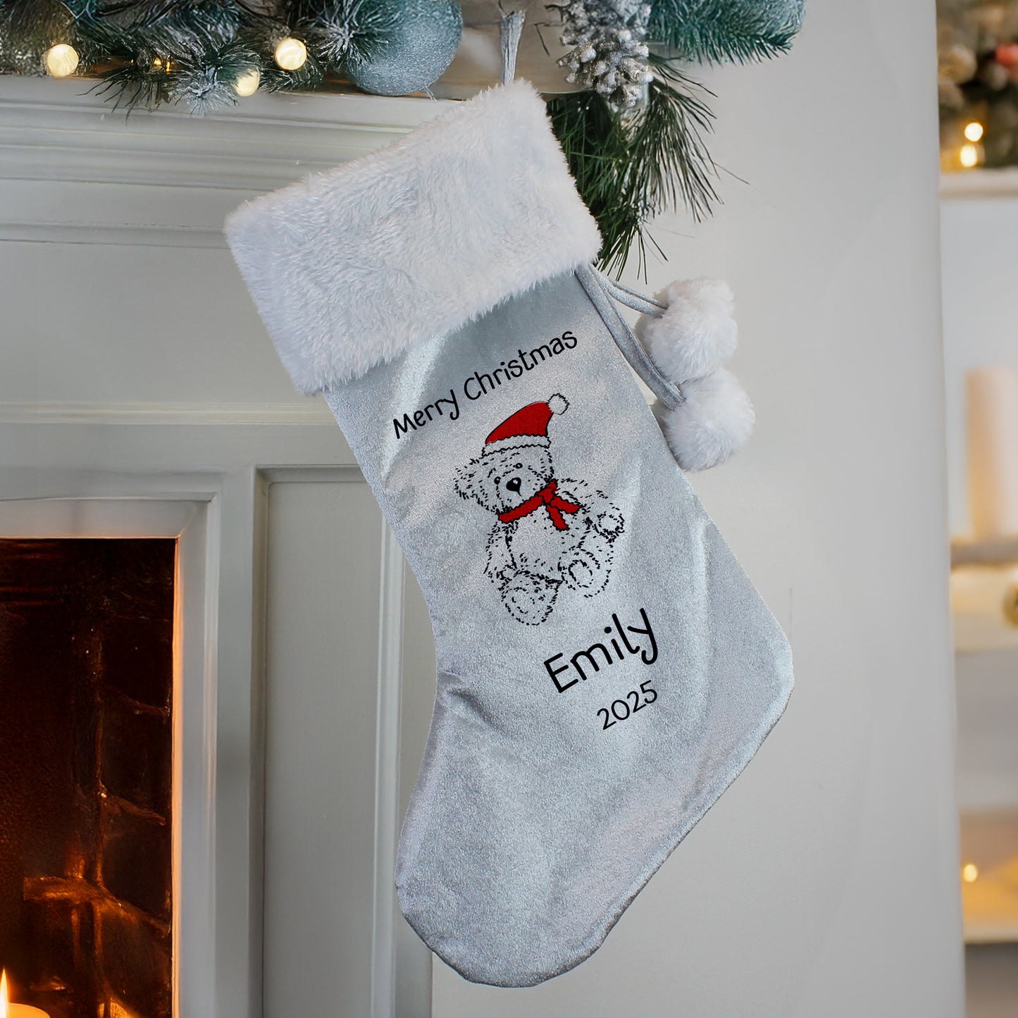 Personalised My 1st Christmas Teddy Silver Grey Stocking