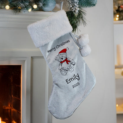 Personalised My 1st Christmas Teddy Silver Grey Stocking