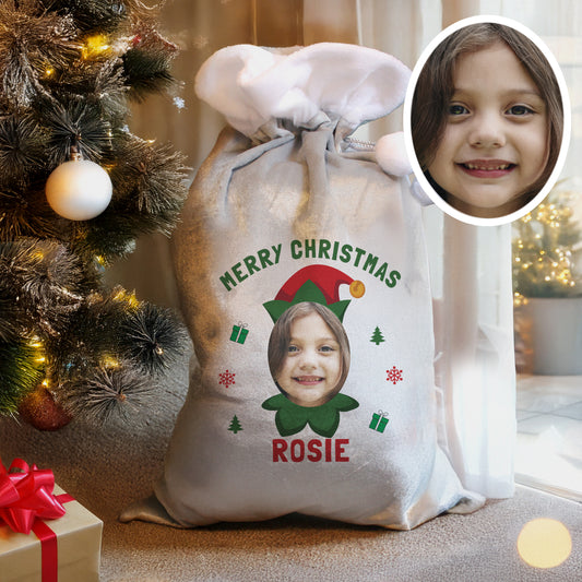 Personalised Photo Upload Elf Christmas Sack