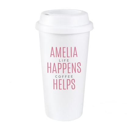 Personalised Pink Text Slogan Insulated Reusable Eco Travel Cup
