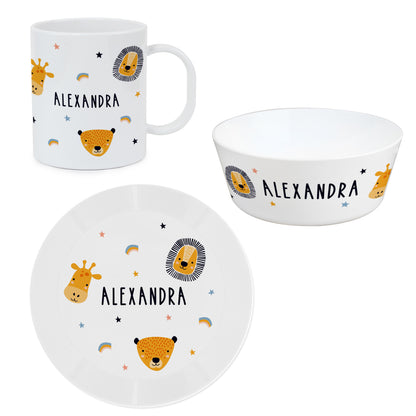 Personalised Safari Animals Plastic Childrens Breakfast Set