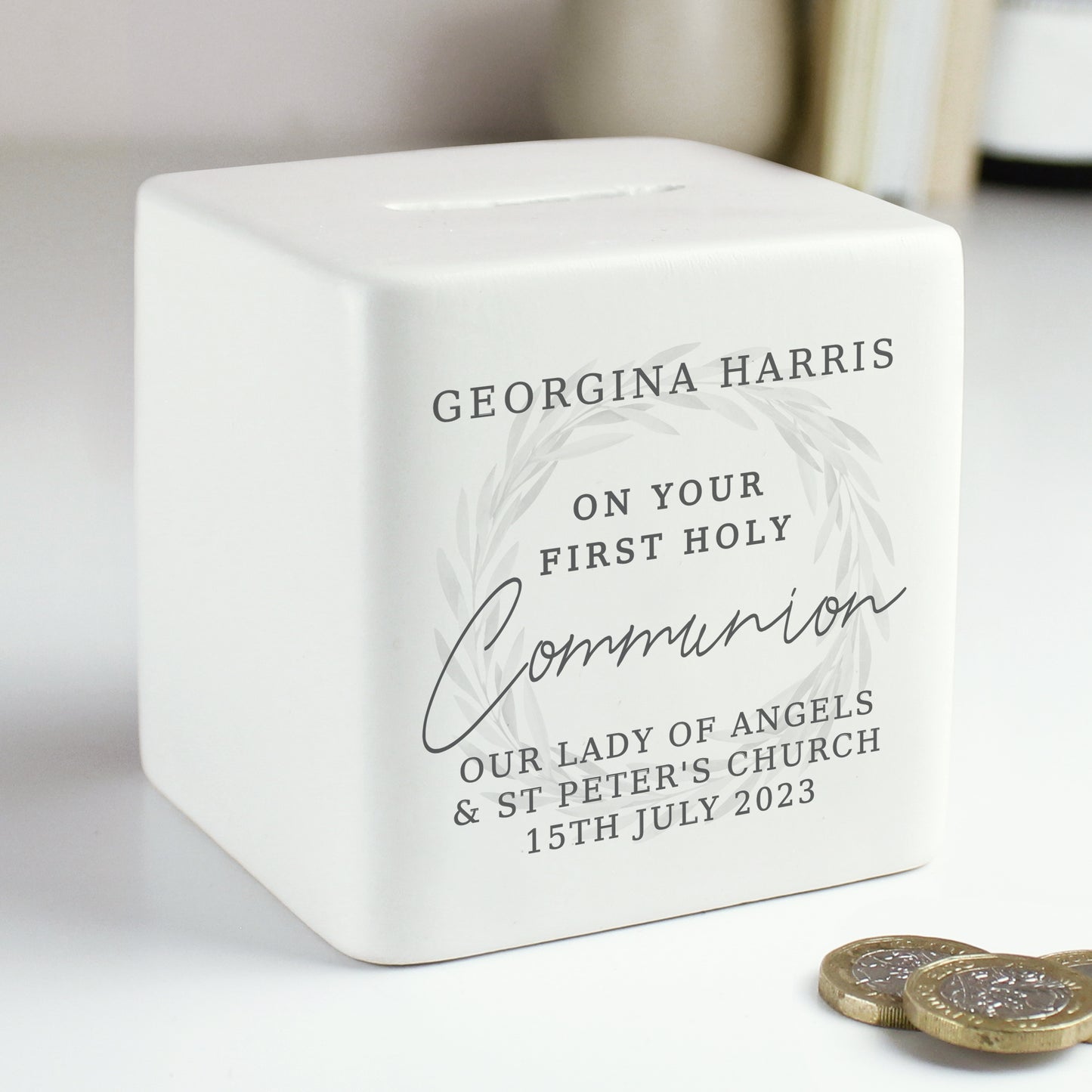 Personalised First Holy Communion Wreath Ceramic Square Money Box